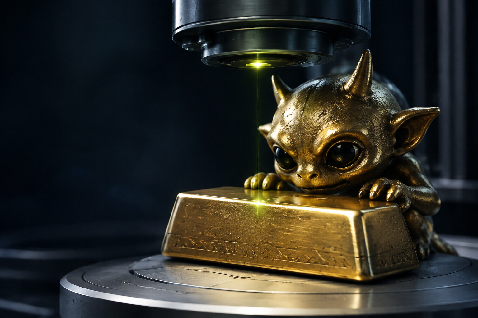 A cast-gold imp leans over a gold ingot in an industrial assay workshop